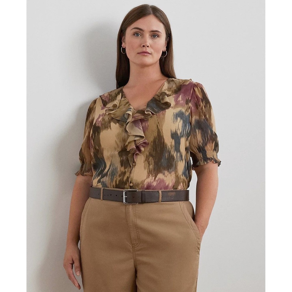 Ralph Lauren Georgette Floral Ruffled Trim‎ Blouse 2X Plus Size Artsy Flowy Boho